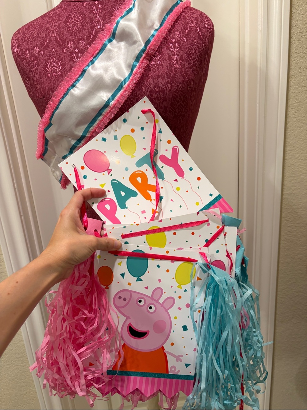 Peppa Pig Party Fringe Banner w Birthday Girl Sash- Pink & Teal